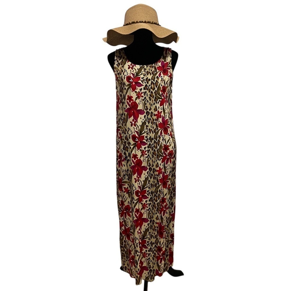 Notations Tan Red Sleeveless Animal/Floral Print Maxi Dress Size M